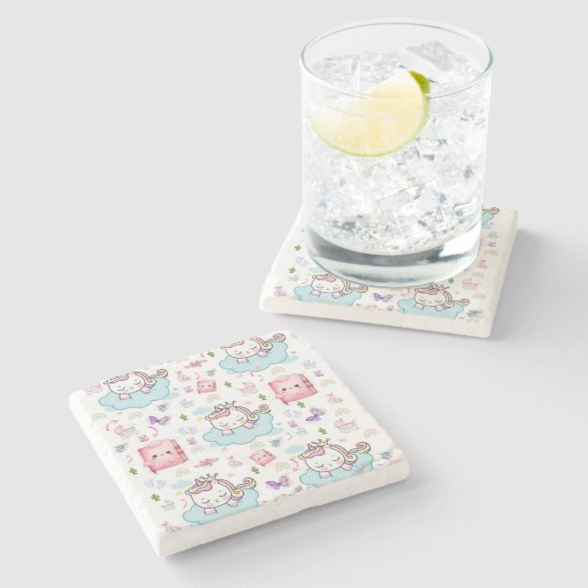 Marble Stone Coaster Pink Blue Unicorn Rainbow Cat (Side)