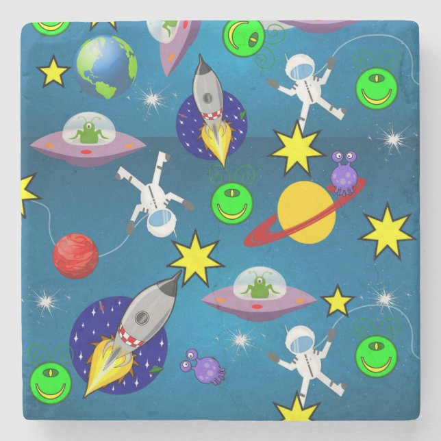 Marble Stone Coaster Spaceship Aliens Astronauts (Front)