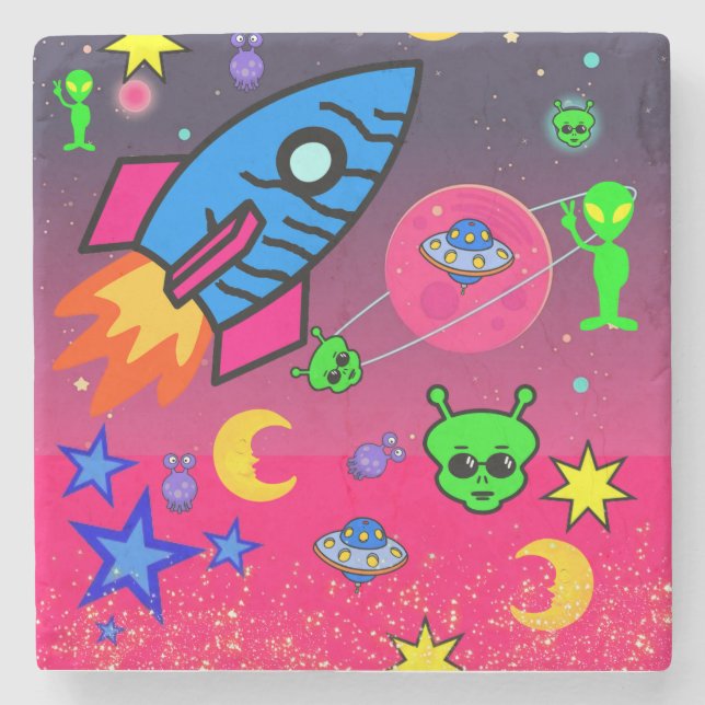 Marble Stone Coaster Spaceship Aliens Astronauts (Front)