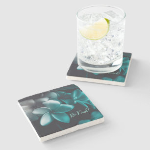 Marble Stone Coaster Teal Flower Design