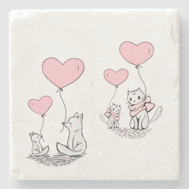 Marble Stone Coaster Valentine's Day Cat Fox  (Front)