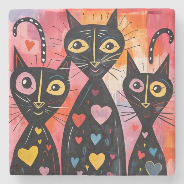 Marble Stone Coaster Valentine's Day Cat Red Heart (Front)