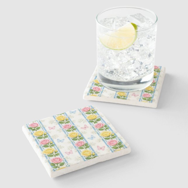Marble Stone CoasterBluePink & Yellow RosesStripe  Coaster (Side)