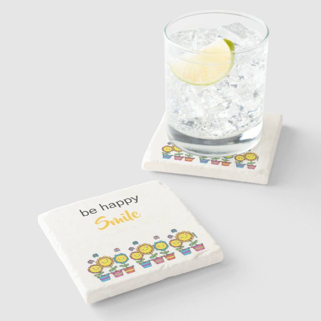 Marble Stone Coasters Be Happy Sunflowers Floral  (Side)