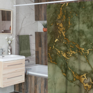 Marble Stone Metallic Gold Veins Green Hunter Shower Curtain