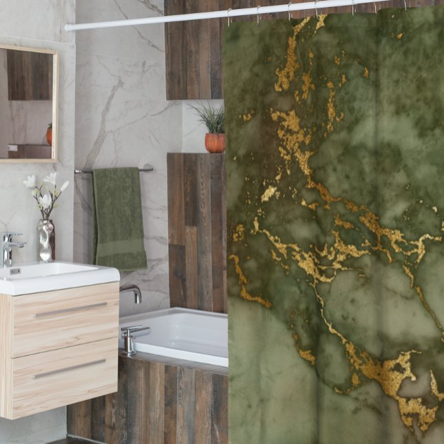 Marble Stone Metallic Gold Veins Green Hunter Shower Curtain (Creator Uploaded)