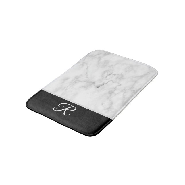 Marble Style Black White Monogram Initial Bath Mat (Angled)