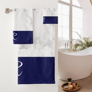 Marble Style Navy Blue Monogram Initial Bathroom  Bath Towel Set
