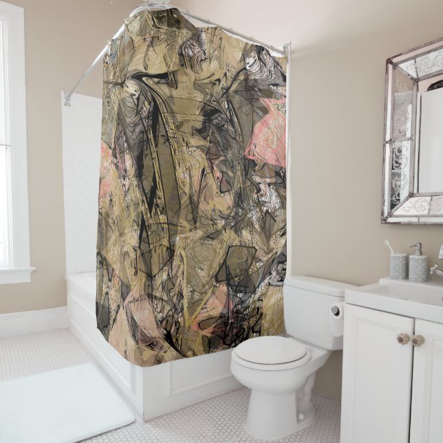 Marble Swirl Abstract Gold Rose Pink Black Modern Shower Curtain (In Situ)