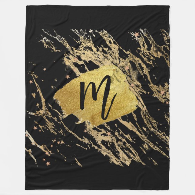 Marble Teal Brown Gold Brush Template initial Pape Fleece Blanket (Front)