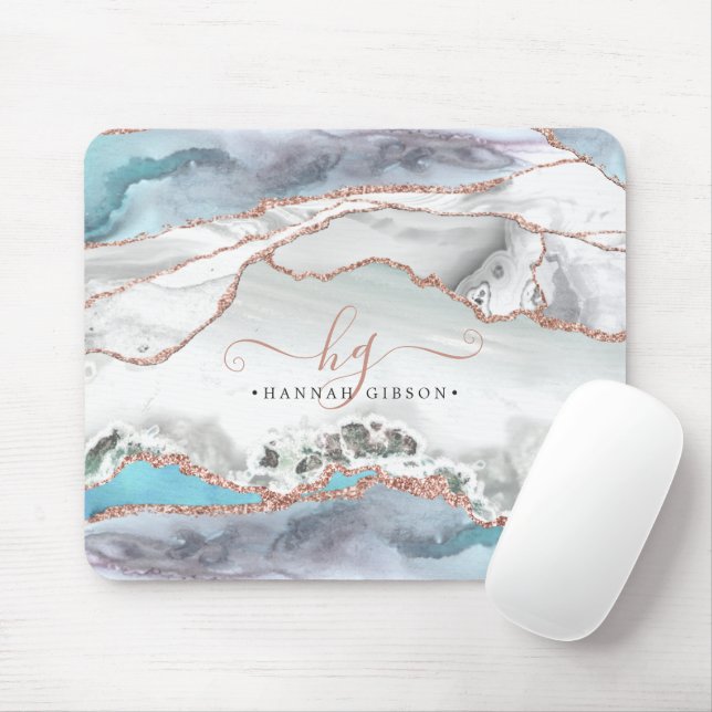 Marble Teal Rose Gold Glitter Script Monogram Mous Mouse Pad (With Mouse)