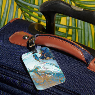 marble teal turquoise indigo blue agate Monogram Luggage Tag