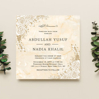 Marble Texture Floral Lace Islamic Muslim Wedding Invitation