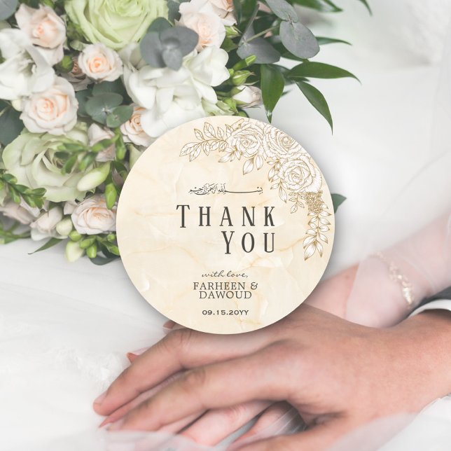 Marble Texture Floral Lace Muslim Wedding Favour Classic Round Sticker (Creator Uploaded)