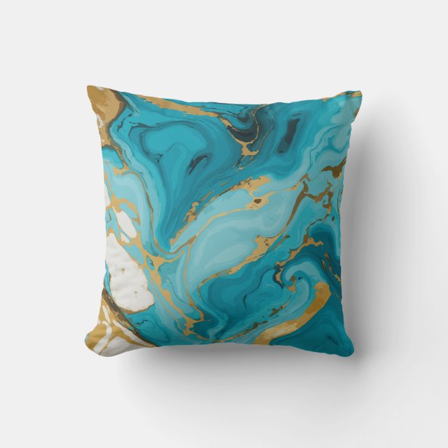 Marble Texture Turquoise and Gold Silver Cushion (Front)