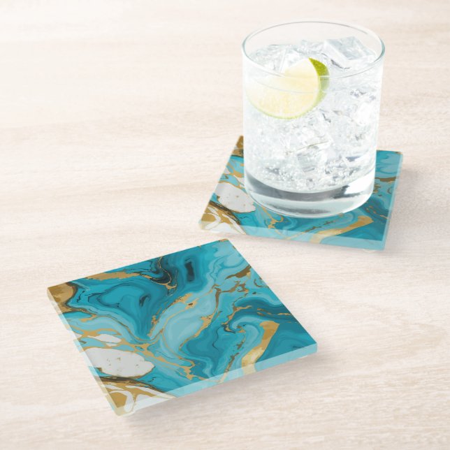 Marble Texture Turquoise and Gold Silver  Glass Coaster (Angled)