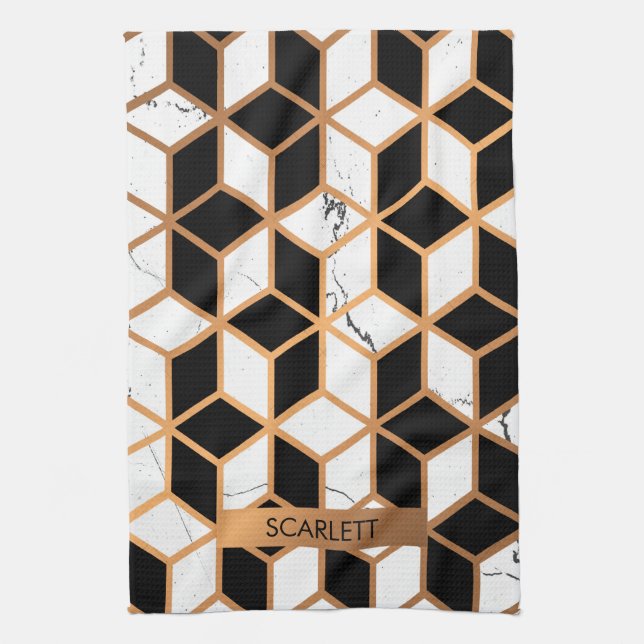 Marble Texture With Golden Cubes Tea Towel (Vertical)