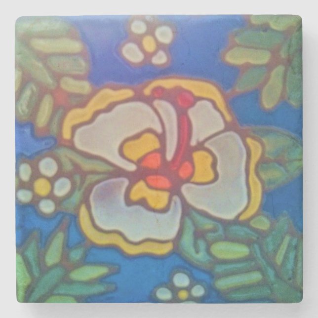 Marble Tile Coaster Catalina Hawaii Aloha Hibiscus (Front)