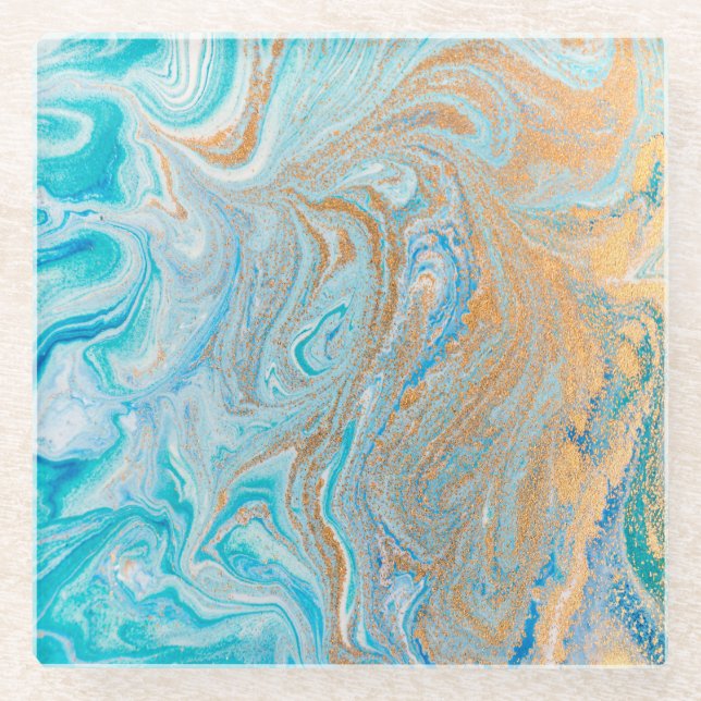 Marble turquoise gold silver, beautiful,elegant,Ma Glass Coaster (Front)