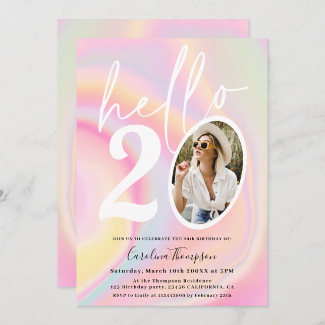 Marble unicorn rainbow pastel photo chic hello 20 invitation (Front/Back)