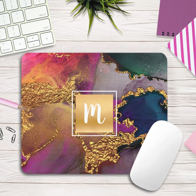 Marble watercolor gold purple blue green monogram mouse pad (Creator Uploaded)