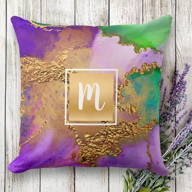 Marble watercolor gold purple green aqua monogram cushion (Creator Uploaded)