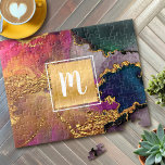 Marble watercolor, gold purple green blue monogram jigsaw puzzle<br><div class="desc">A sparkly, faux gold foil square with a script typography monogram initial overlays a rich, gold veined, navy blue, hunter green, pink, and purple watercolor background on this elegant, trendy, girly, modern, monogramed jigsaw puzzle. Makes a great unique, custom, personalized present for someone special! Comes in a special gift box....</div>