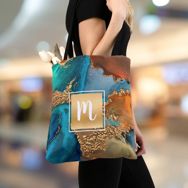 Marble watercolor monogram gold turquoise & orange tote bag (Creator Uploaded)