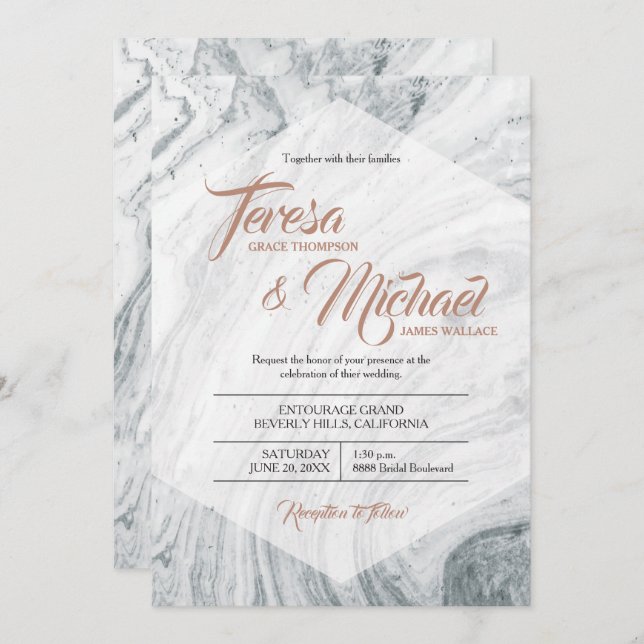 Marble Wedding invitation, Faux Rosegold, Polygon Invitation (Front/Back)