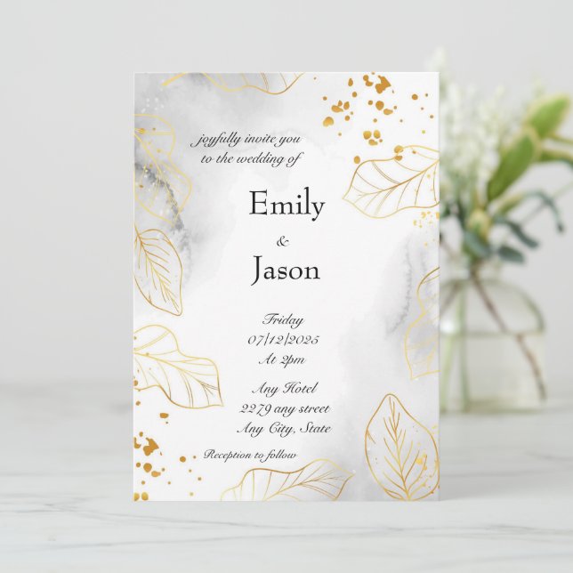 Marble Wedding Invitation Golden Leaves (Standing Front)