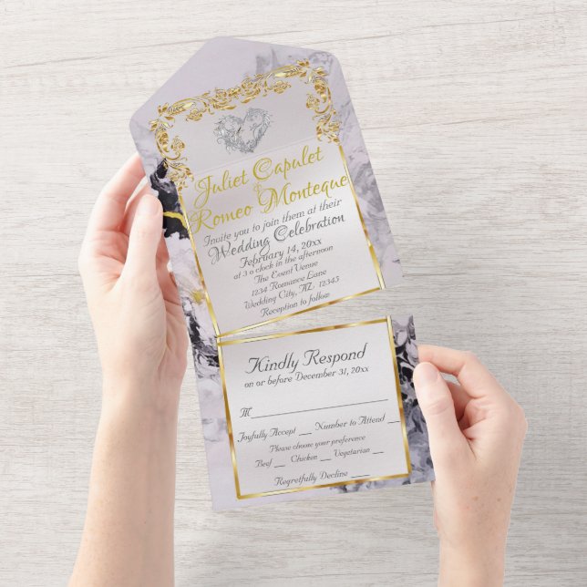 Marble & White, Gold Frame, Silver Heart All In One Invitation (Tearaway)