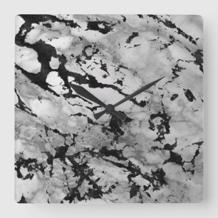 Marble White Gray Silver Black Carrara Abstract Square Wall Clock