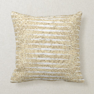 Marble White Grey Faux Gold Glitter Stripes Cushion