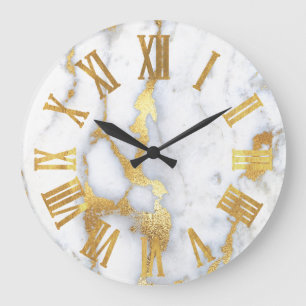 Marble White Grey Gold Metallic Roman Numbers Large Clock