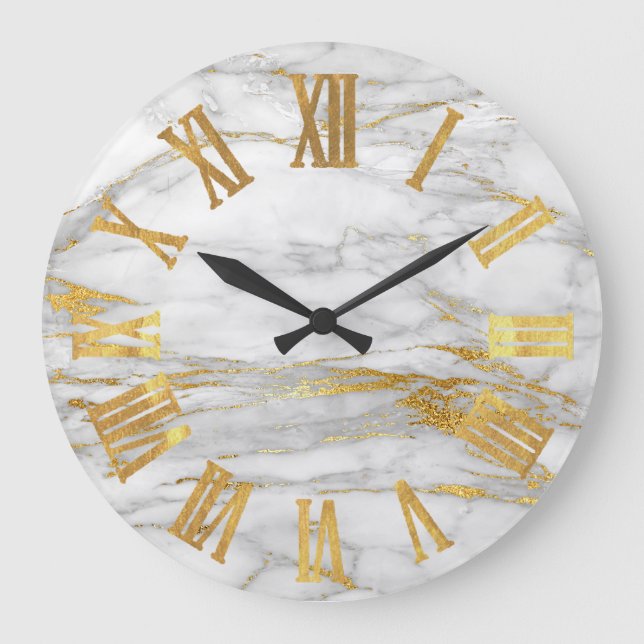 Marble White Grey Gold Metallic Roman Numbers Large Clock (Front)