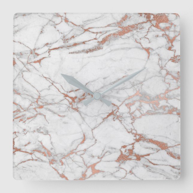 Marble White Grey Pink Rose Gold Blush Carrara Square Wall Clock (Front)
