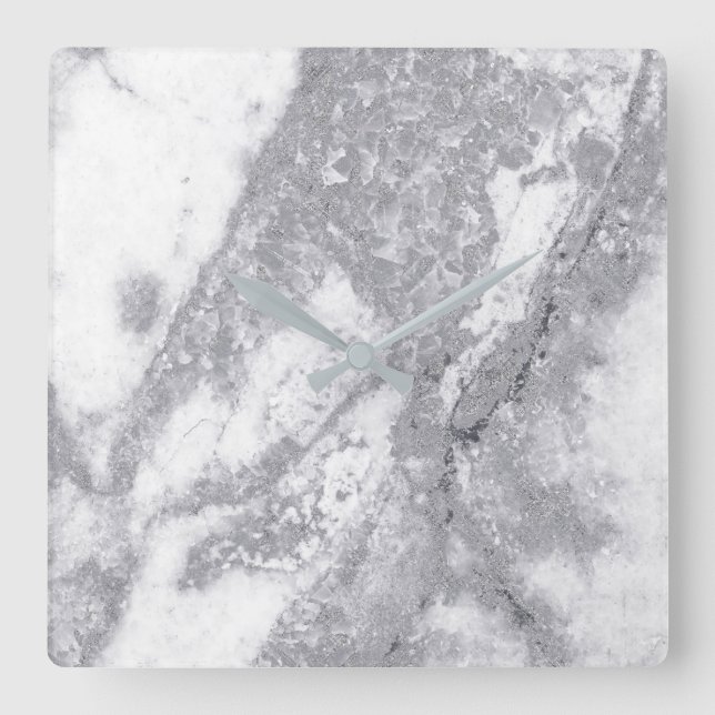 Marble White Grey Silver Metallic Blush Carrara Square Wall Clock (Front)