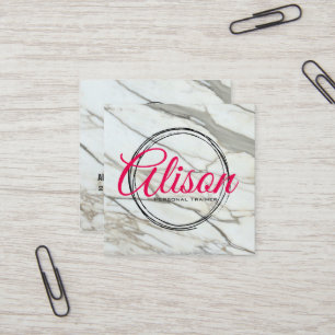 Marble white pink calligraphy letters square card. business card