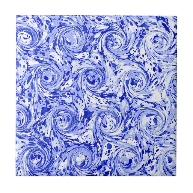 Marbled Abstract Design | Blue White Swirls Tile (Front)