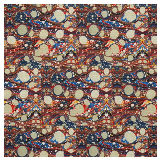 MARBLED ABSTRACT RED BLUE SWIRLS,WHITE CIRCLES FABRIC (Swatch)