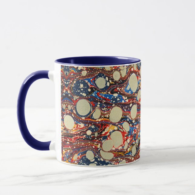 MARBLED ABSTRACT RED BLUE SWIRLS,WHITE CIRCLES MUG (Left)