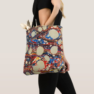 MARBLED ABSTRACT RED BLUE SWIRLS,WHITE CIRCLES TOTE BAG
