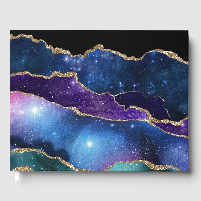 Marbled Agate Stone Galaxy Sparkly Shining Stars Guest Book (Front)