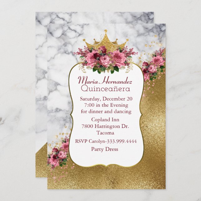Marbled and Gold Crown Quinceañera Invitation (Front/Back)