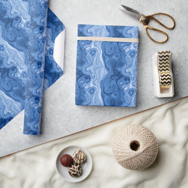 Marbled Azure Cobalt Blue White Agate Art Pattern Wrapping Paper (Crafts)