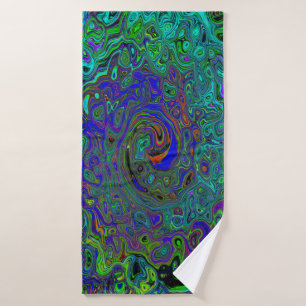 Marbled Blue and Aquamarine Abstract Retro Swirl Bath Towel