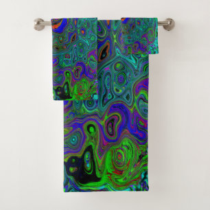 Marbled Blue and Aquamarine Abstract Retro Swirl Bath Towel Set