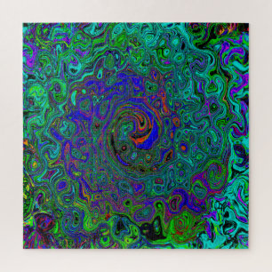 Marbled Blue and Aquamarine Abstract Retro Swirl Jigsaw Puzzle