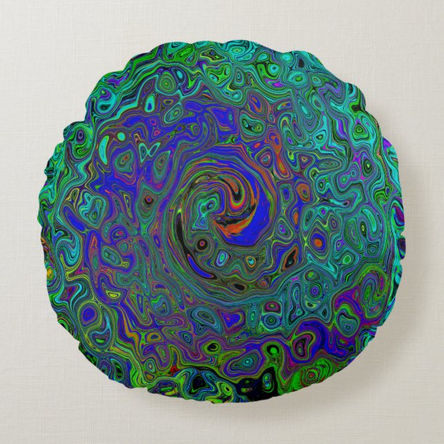 Marbled Blue and Aquamarine Abstract Retro Swirl Round Cushion (Front)