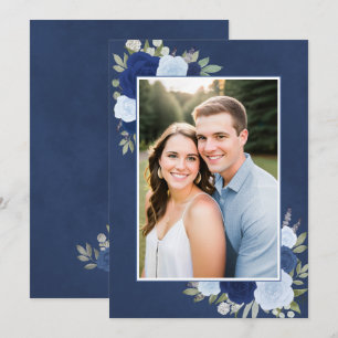 Marbled Blue Boho Roses Photo Underlay Wedding Invitation